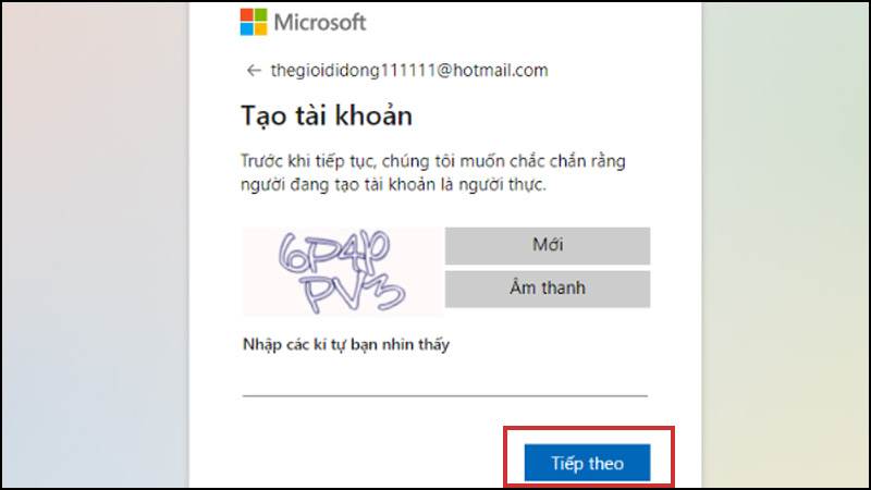 Nhập mã bảo mật hiển thị trên màn hình